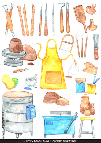 Pottery tools in studio watercolor illustration for ceramic handcrafted concept. photo