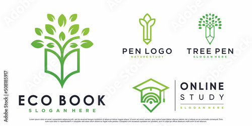 Set of eco education logo design illustration with book and pen concept Premium Vector