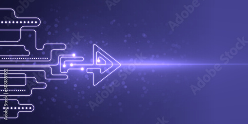 Creative glowing digital startup arrow on blue backdrop with light and mock up place. Start up, business, innovation and direction concept. 3D Rendering.