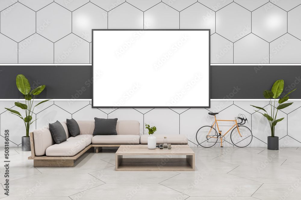 Modern tile office lounge interior with couch and other objects, empty white mock up poster. 3D Rendering. - obrazy, fototapety, plakaty 
