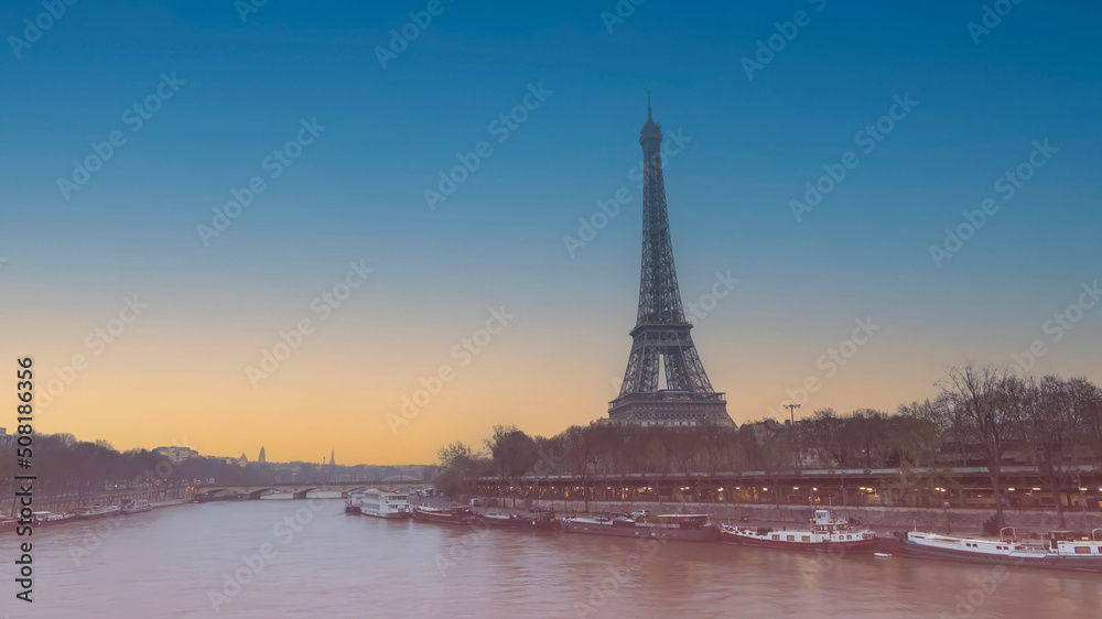 Fototapeta premium The Banner of the travel with The famous Eiffel Tower in Paris, France.