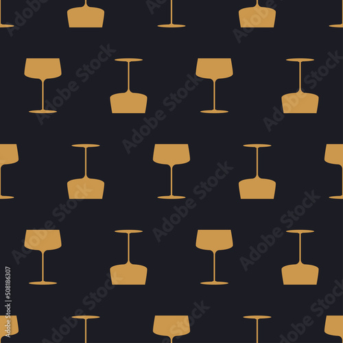 Seamless pattern with glass of сhampagne. Alcohol drink in art deco style. Golden icon of cocktails style of the 1920s-1930s. Vintage design for print on wrapping paper, wallpaper.Vector illustration