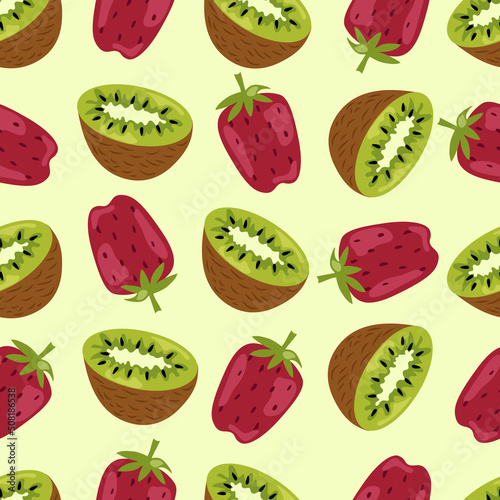 Seamless pattern with kiwi halves and strawberries on a light green background. Botanical vector illustration for printing on clothing  textiles  paper  fabric  packaging.