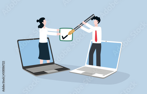 Remote working, work inspection through online video conference concept. Businesswoman handing checkbox to businessman to tick checkmark from appearing on laptop computers.