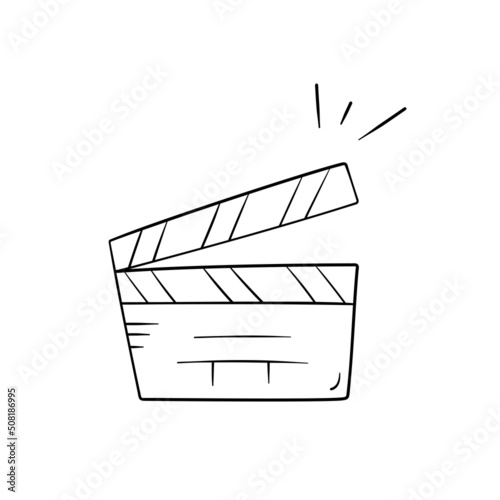 Clapperboard in doodle style, vector illustration. Movie clapper icon for print and design. Isolated element on a white background. Film making outline sign hand drawn