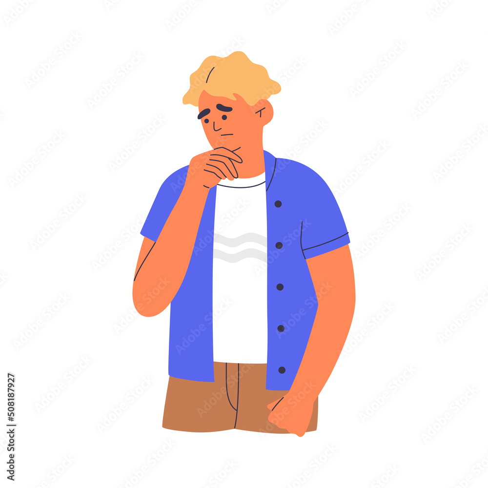 Pensive young man standing with a serious face. Puzzled guy in thoughts and doubts. Hand drawn color vector illustration isolated on white background. Modern flat cartoon style. Pensive young man standing with a serious face. Puzzled guy in thoughts and doubts. Hand drawn color vector illustration isolated on white background. Modern flat cartoon style.