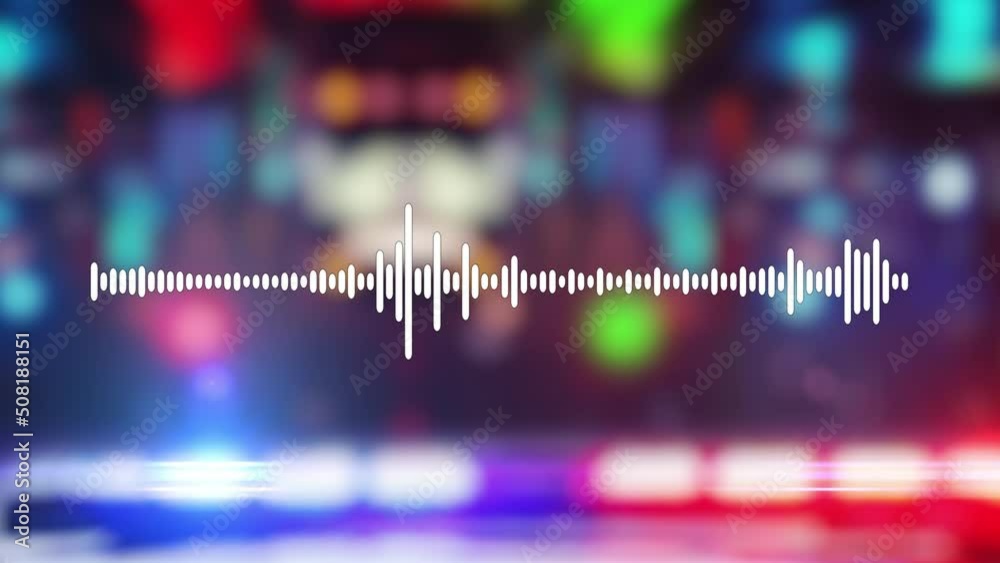 Police radio voice sound waveform. Patrol vehicle red and blue strobe lights in background. Seamless loop