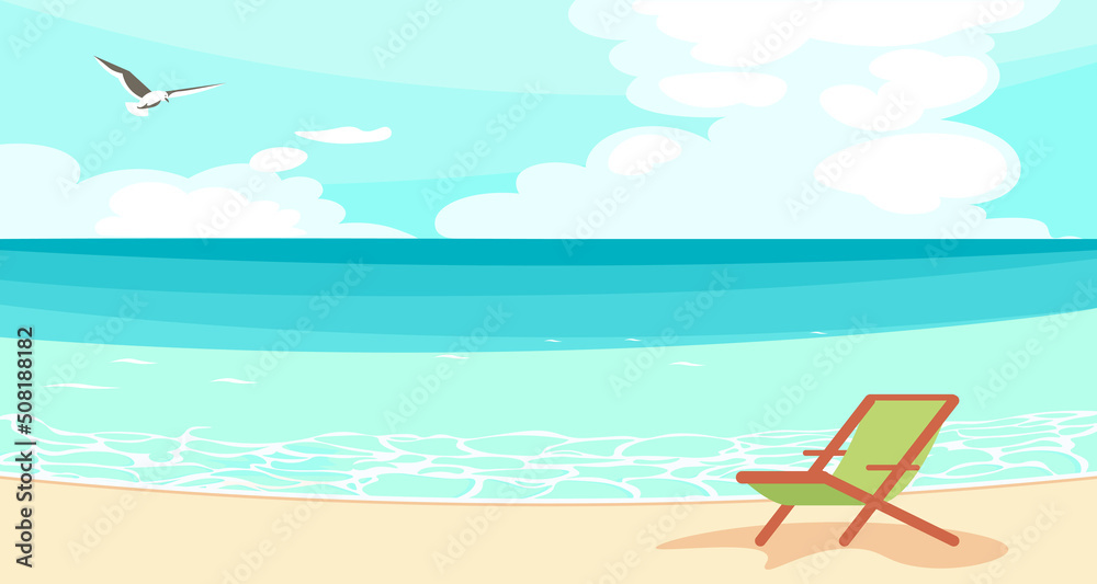 Horizontal banner of abstract seascape with sun lounger and seagull