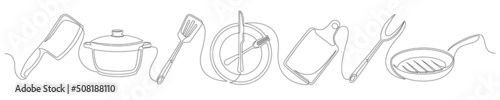 Set of continuous one line drawing of a kitchen elements. Cooking elements isolated on a white background. Vector illustration