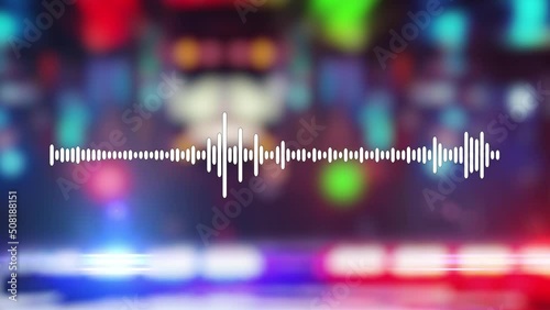 Police radio voice sound waveform. Patrol vehicle red and blue strobe lights in background. Seamless loop