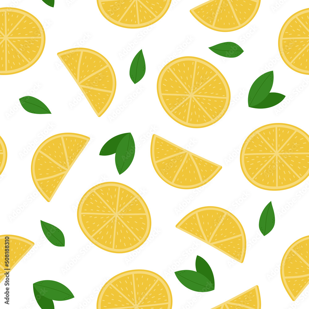 Lemon seamless pattern. Lemon slices and leaves on white background