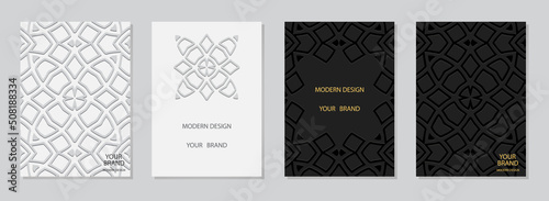Cover set, vertical templates. Collection of white and black embossed backgrounds. Ethnic elegant 3d pattern, logo, monogram. Art of the peoples of the East, Asia, India, Mexico, Aztecs, Peru.