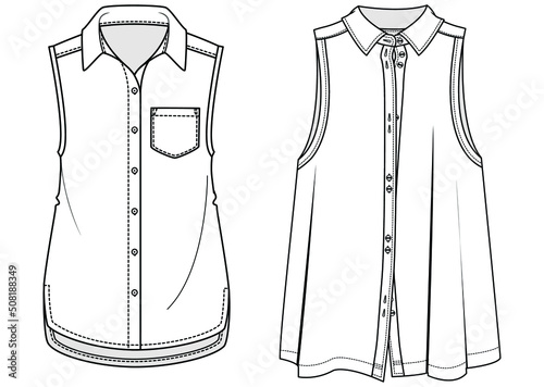 women's sleeveless button down collar shirt flat sketch vector illustration photo