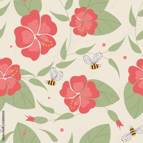 Bright colored seamless pattern with cute hibiscus flower and bee