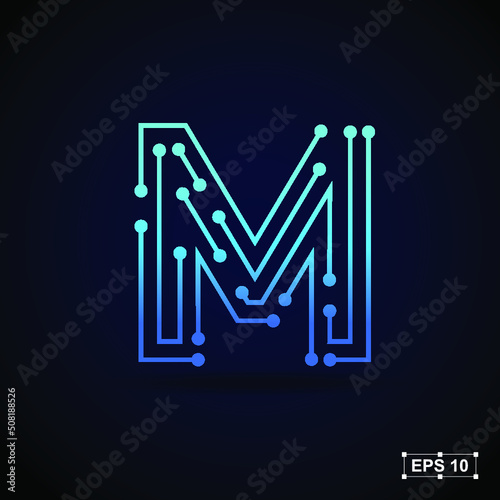 Letter M logo design template,Technology abstract dot connection cross vector logo icon circle logotype