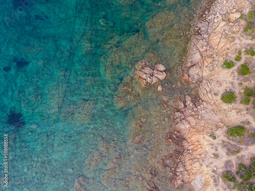 Aerial view of a beautiful rocky shore in Sardinia