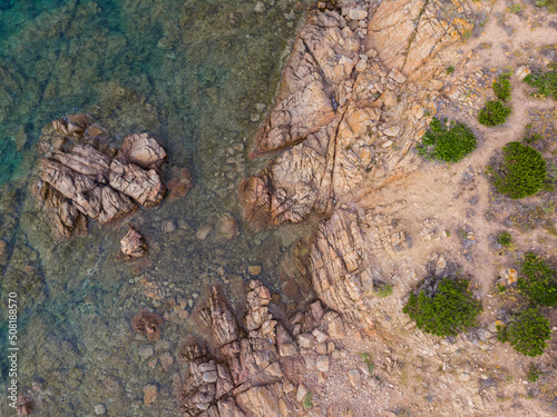 Aerial view of a beautiful rocky shore in Sardinia