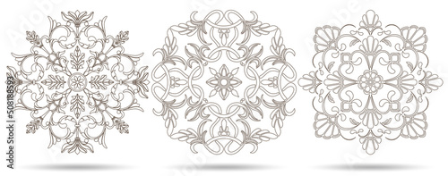 A set of contour illustrations in the stained glass style with floral motifs , dark contours on a white background