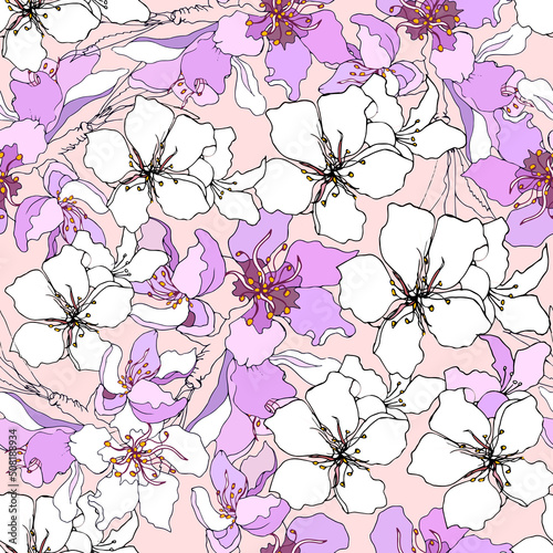 Spring floral background of pink delicate almond and sakura flowers for fabric and home textile