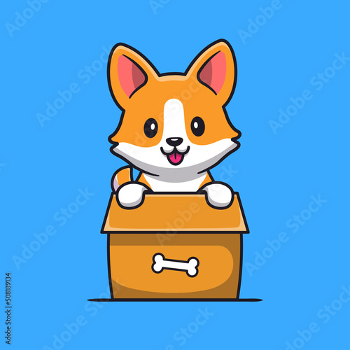 Cute Corgi Dog Playing In Box Cartoon Vector Icon Illustration. Animal Nature Icon Concept Isolated Premium Vector. Flat Cartoon Style