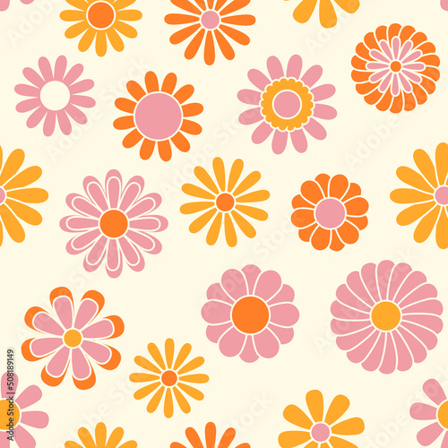 Vintage floral background. Hippie style vector seamless pattern. Nostalgic retro 70s groovy print. Textile and surface design in old fashioned colors