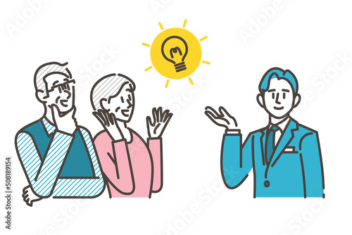 Male businessperson explaining to a senior couple [Vector illustration].