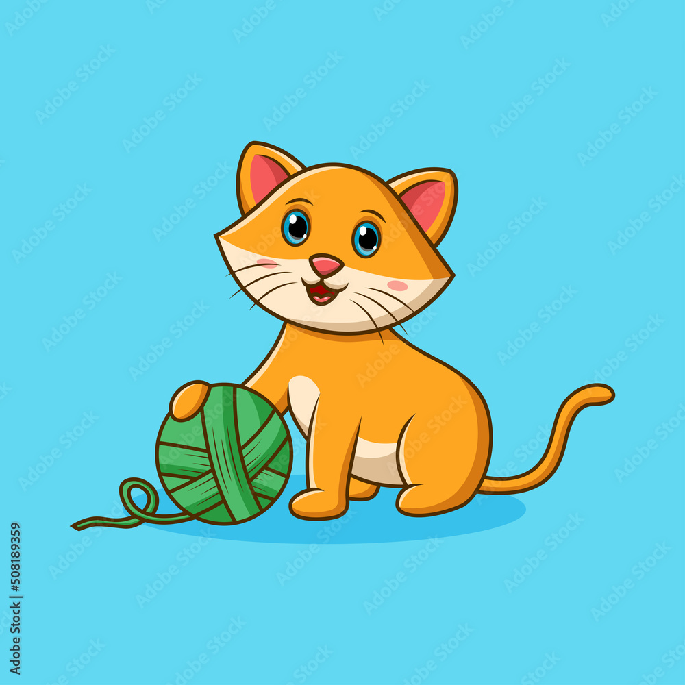 Cute cartoon cat playing with a ball of yarn. Vector illustration Cute cartoon cat playing with a ball of yarn. Vector illustration