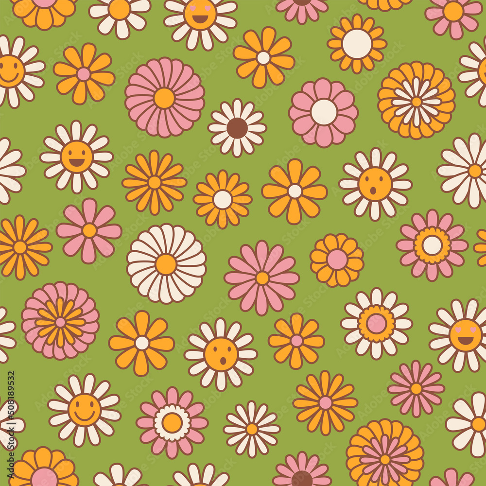 Vintage floral background. Hippie style vector seamless pattern. Nostalgic retro 70s groovy print. Textile and surface design in old fashioned colors