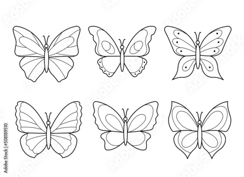 Set of butterflies for design element kids coloring book page. Vector outline illustration. © Olga