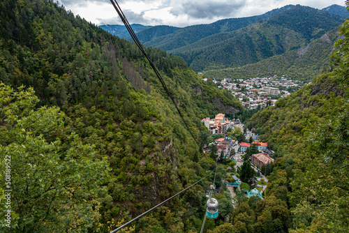 Beautiful view of small Georgian mountain town Borjomi, view from above