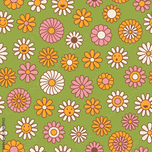 Vintage floral background. Hippie style vector seamless pattern. Nostalgic retro 70s groovy print. Textile and surface design in old fashioned colors
