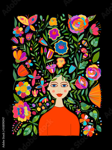 Floral female portrait, pretty woman with floral hairs. Design for fashion ca...