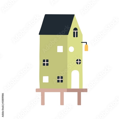 Cute Scandinavian seaside house on piles. Coastal home on stilts. Outside of ...