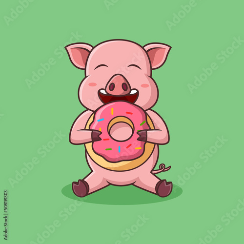 Cute cartoon pig eating donuts. Vector illustration