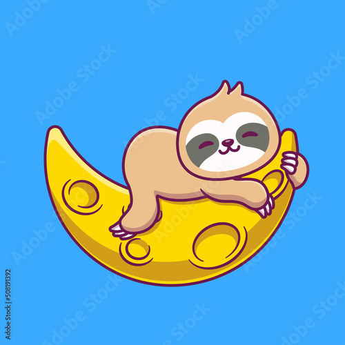 Cute Sloth Sleeping On Sickle Moon Cartoon Vector Icon Illustration. Animal Nature Icon Concept Isolated Premium Vector. Flat Cartoon Style