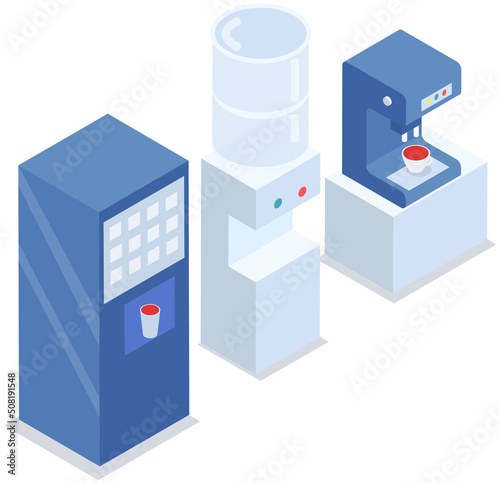 Coffee machine with cup of hot drink, water cooler, vending machine. Equipment for automating beverage making process. Modern tech gadget for office or kitchen. Appliance to make tea or coffee