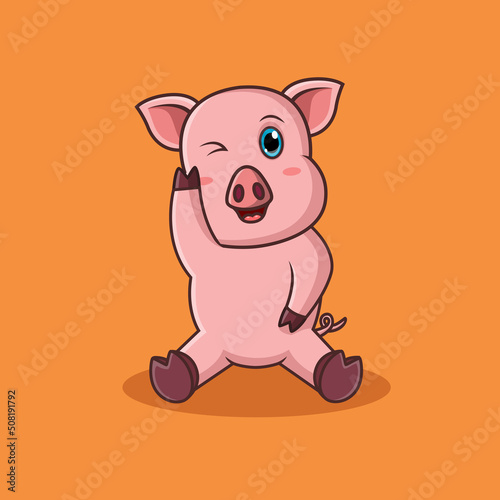 Cute cartoon pig happiness. Vector illustration