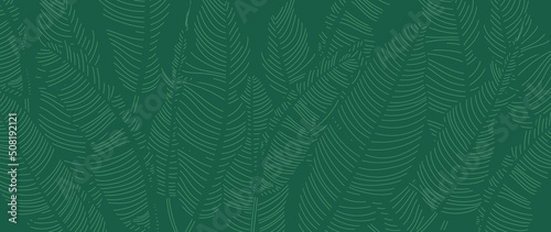 Abstract foliage green background vector. Tropical banana leaf design wallpaper design in line art pattern. Botanical leaves with hand drawn design illustration for print, wall arts, and wallpaper.