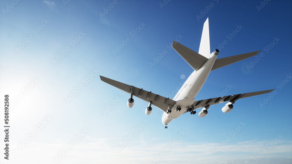 Conceptual flying white passenger jetliner or commercial plane after take off rising over a beautiful sky background. 3D illustration for jet transportation, travel industry or modern freedom concept Conceptual flying white passenger jetliner or commercial plane after take off rising over a beautiful sky background. 3D illustration for jet transportation, travel industry or modern freedom concept