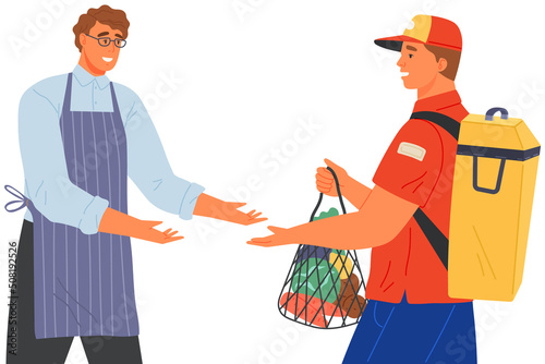 Male courier delivers package to customer. Delivery man carries groceries, goods from shop. Delivery company employee giving food products in packages. Goods transport service worker and client