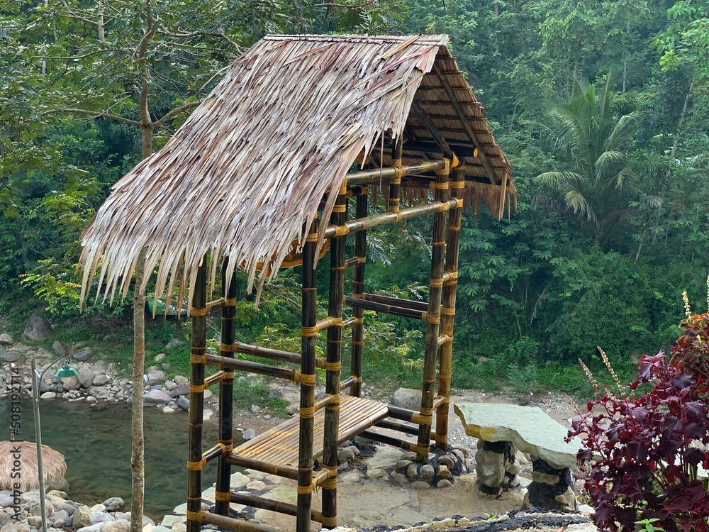 hut in the forest by the cliff