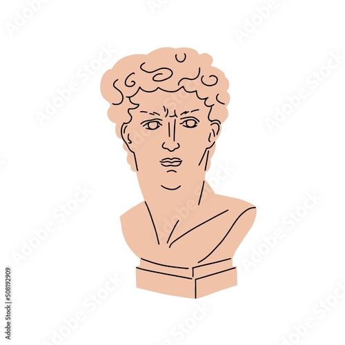 Greek sculpture drawn in modern style. Antique bust of David. Ancient Greece stone statue of man head, human face. Stylized classic art. Flat graphic vector illustration isolated on white background