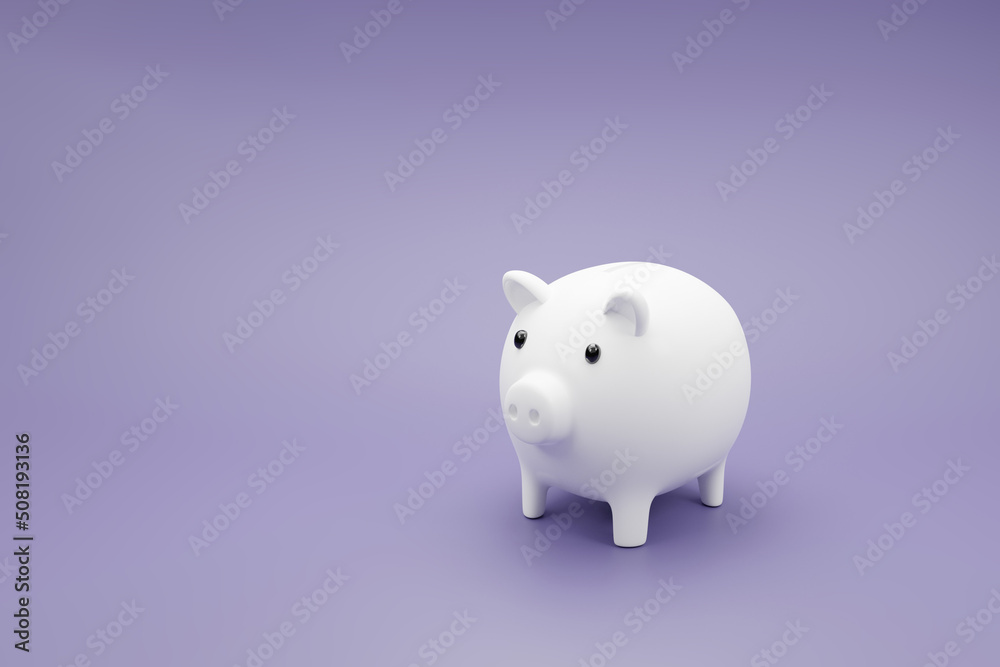 3d cartoon white piggy bank on purple background. 3D render illustration.