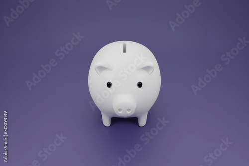 3d cartoon white piggy bank on purple background. 3D render illustration.