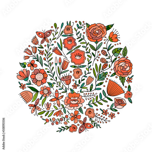 Floral Garden. Spring concept Background. Circle frame for your design, busin...