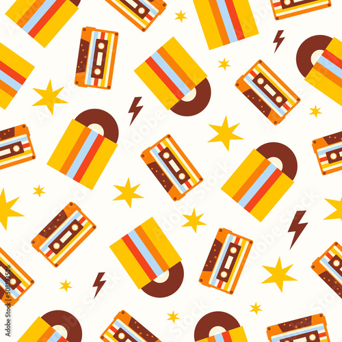 Retro Vintage seamless pattern with audio cassettes and music disks on a light background. Colorful audio tapes background. Vector illustration in style 70s, 80s
