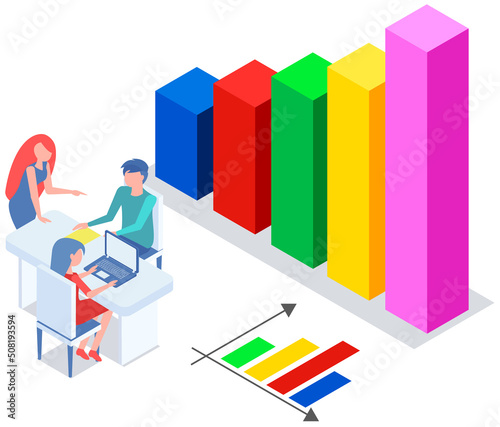 Business people communicating in office discuss statistics, analyze different charts and graphs. Financial accounting concept. Organization process, analytics, planning, report, market analysis