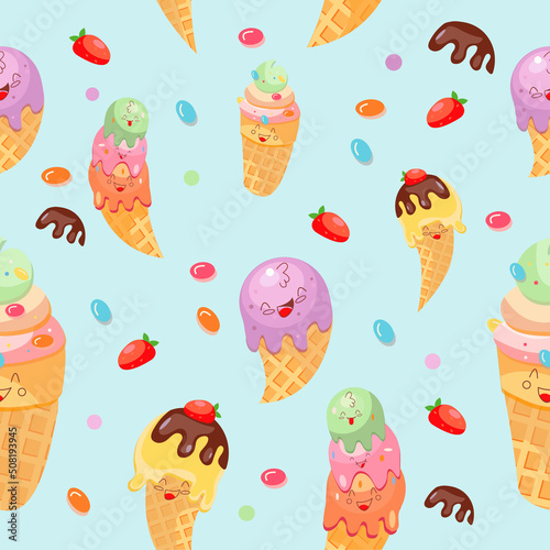 Summer, bright, cheerful, beautiful paternal with different ice cream on a light background. Design