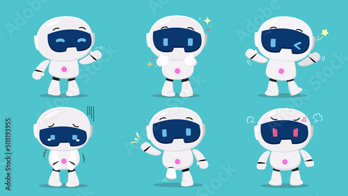 Cute robot vector on blue background. Set of cartoon cyber characters in different postures, emotional, sad, angry, happy. Artificial intelligence character design for education, kids, decorative.