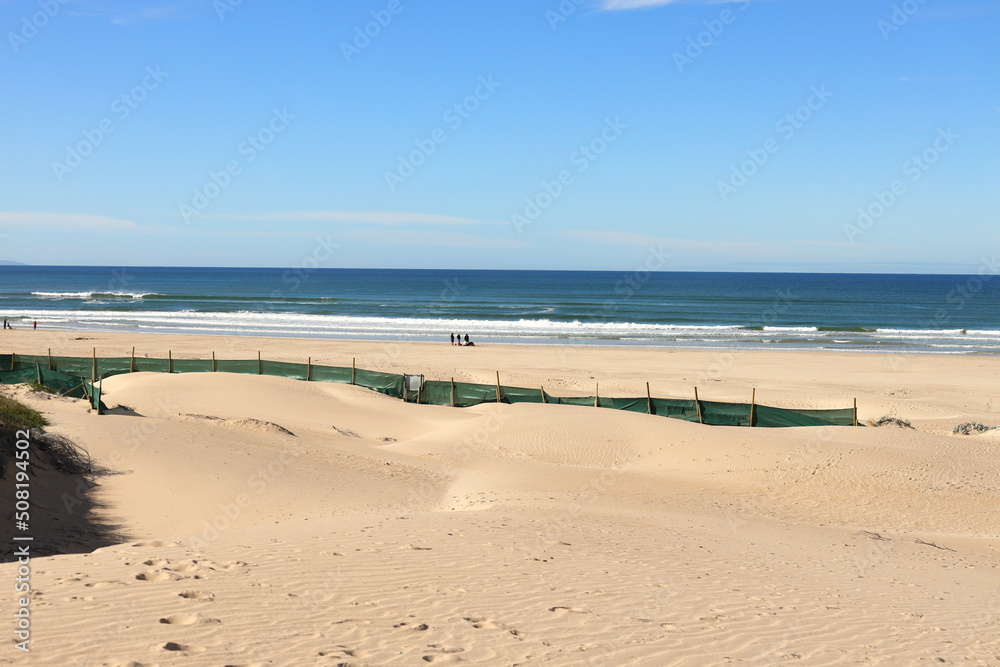 Poles with netting in dunes, used to stabilize the sand of the dunes at Witsand, Western Cape, South Africa.